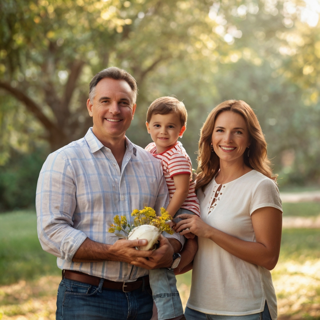 Imagem ilustra uma família e feliz em um parque, estão felizes pois estão amparados por um seguro de vida