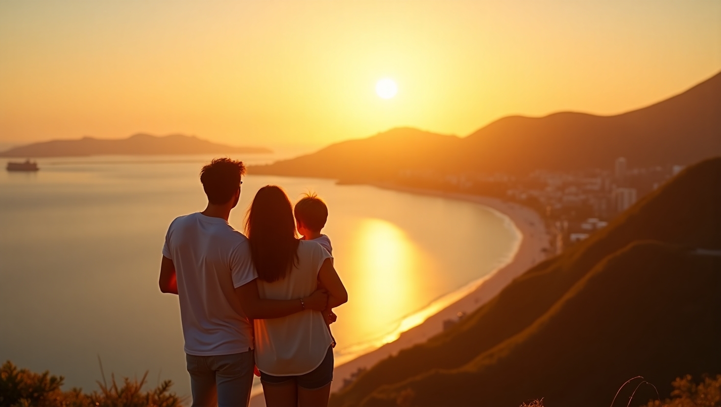 Família protegida com seguro de vida, apreciando a vista de um belo pôr-do-sol em Florianópolis.