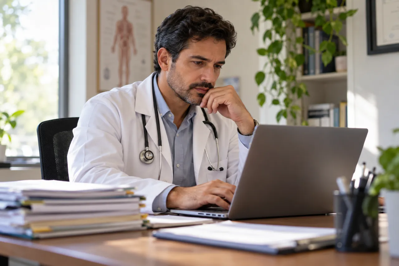 Responsabilidade civil do médico: médico revisa o prontuário de um paciente no notebook, no consultório